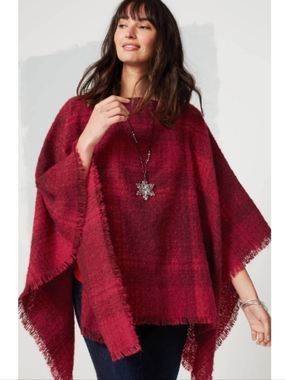 NWT J. Jill Cozy Plaid Poncho in Scarlet Garnet Size Small to‎ Large